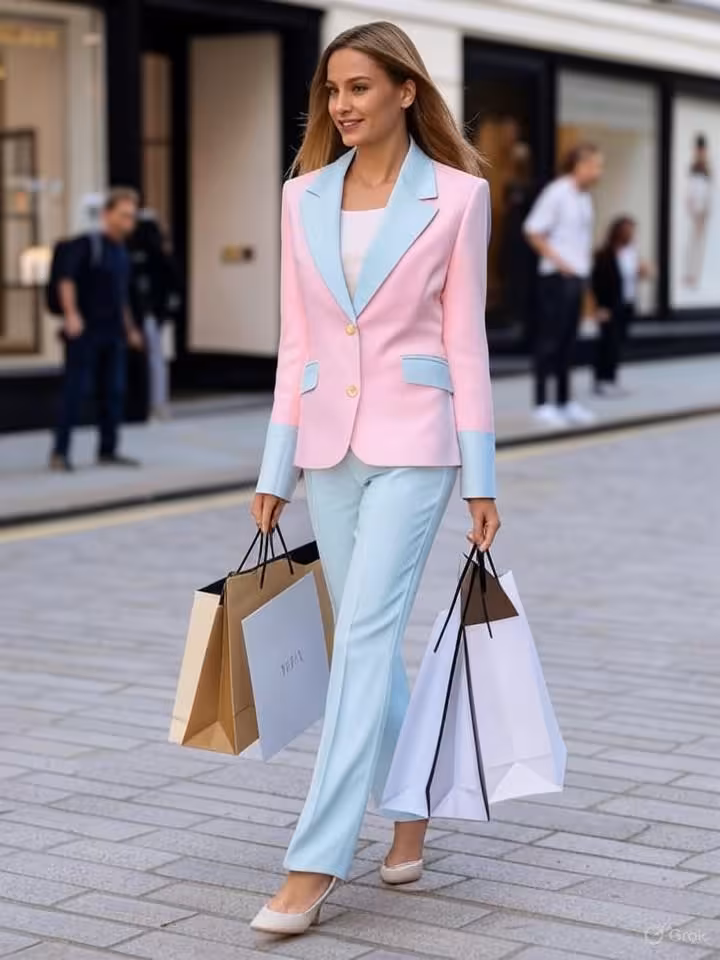 Elegant young woman in sophisticated outfit walking through Mayfair London streets, luxury boutiques
