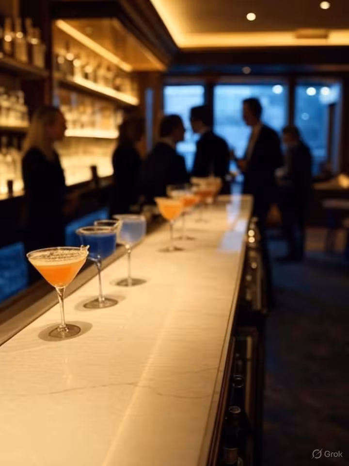 Sophisticated upscale London bar interior with ambient golden lighting, elegant cocktails on marble