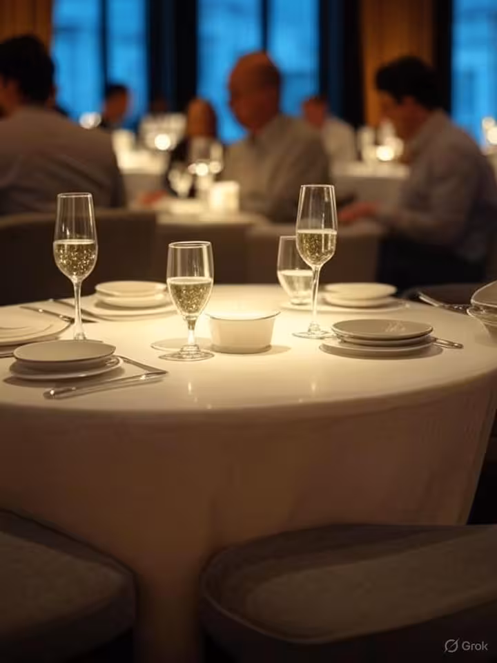 Upscale London restaurant interior with intimate corner table setting, soft ambient lighting, champa