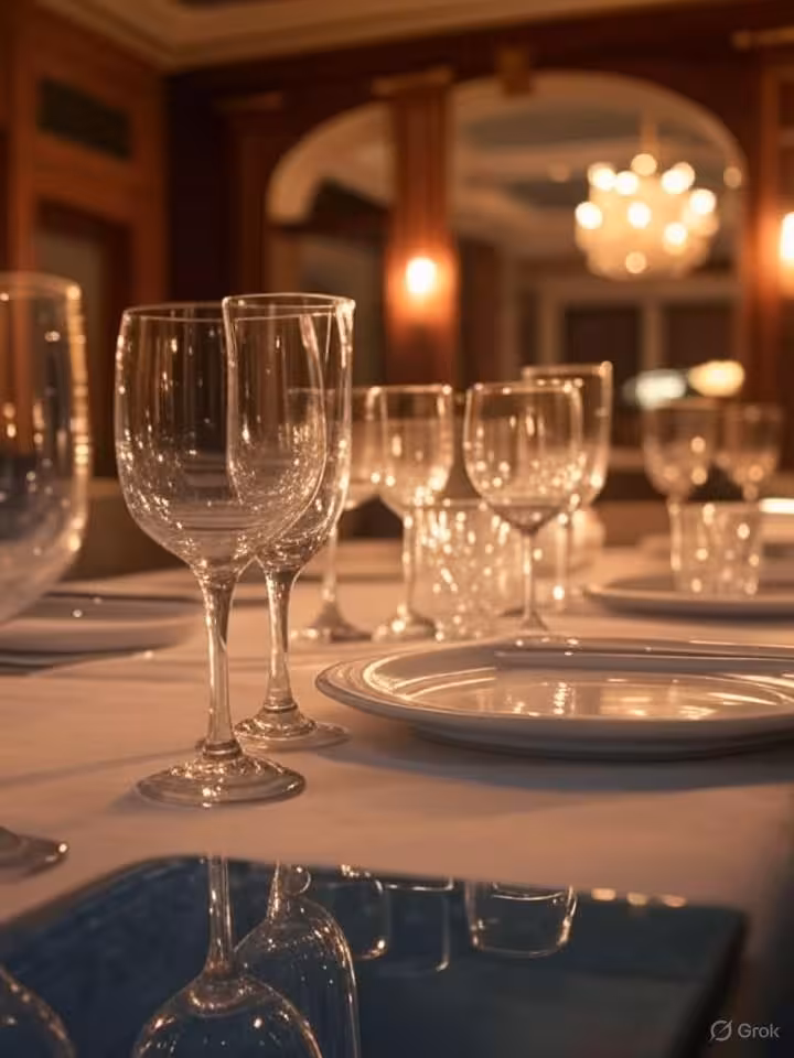 elegant evening scene at upscale Mayfair venue, warm ambient lighting, crystal glassware on table, s