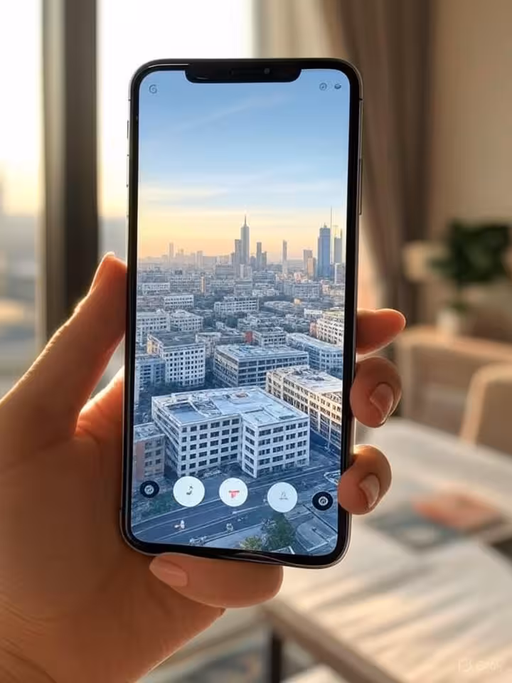 Modern dating app interface on smartphone screen held by manicured female hand, London skyline visib