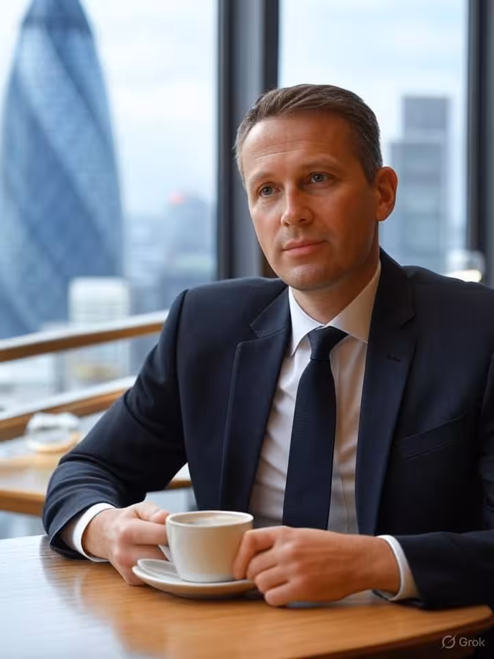 Modern business professional male in suit having coffee meeting at upscale London cafe, City of Lond