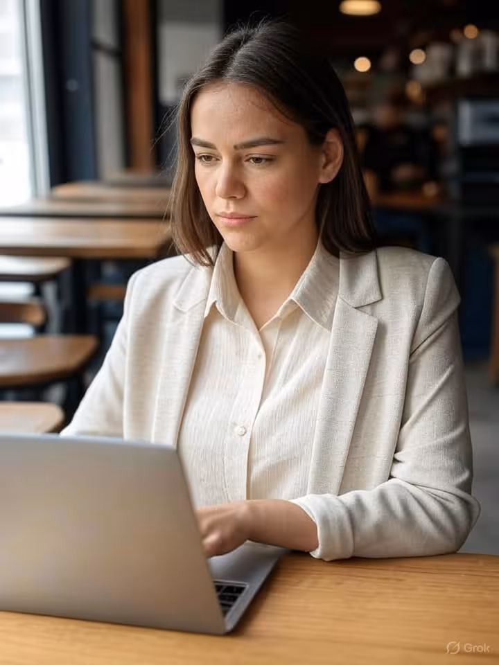 Professional woman in her twenties working on laptop in stylish London coffee shop, natural window l