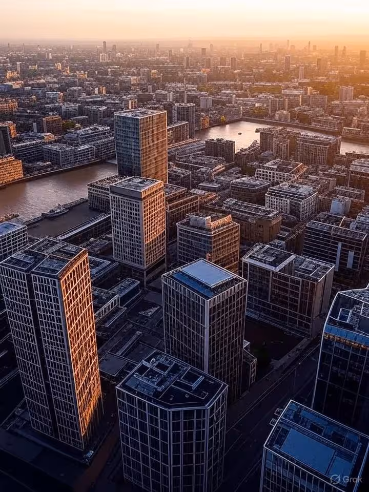 London cityscape view from high-rise building at golden hour, Thames river visible, modern financial