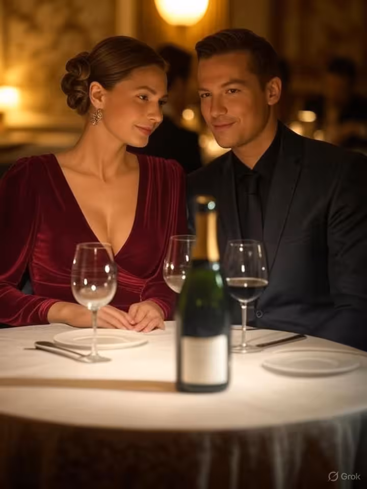Elegant couple dining at exclusive restaurant, woman in designer dress and man in tailored suit, int