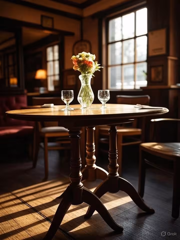 intimate corner table at traditional British pub, warm wooden interior, afternoon natural light, coz