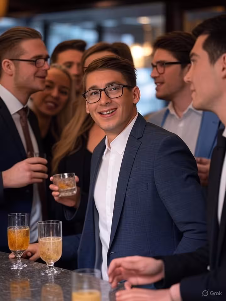 Diverse group of well-dressed young professionals at sophisticated London bar, cocktails on table, s