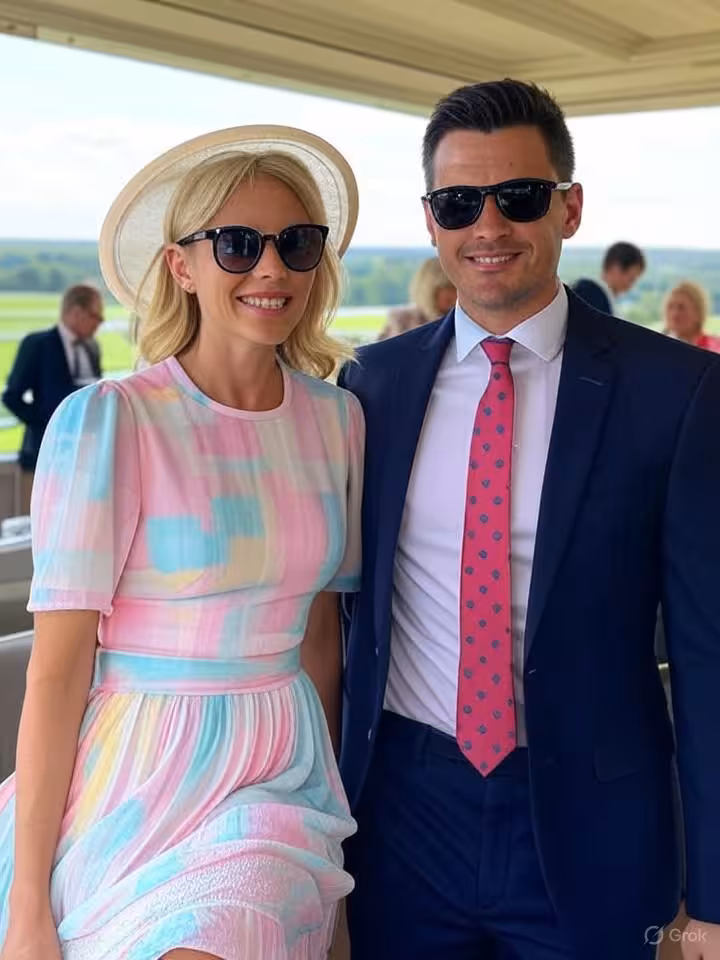 Royal Ascot racing event, elegantly dressed couple viewing from private box, British summer fashion,