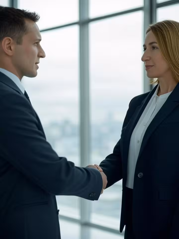 Transparent handshake between two business professionals in a modern London office with glass walls,
