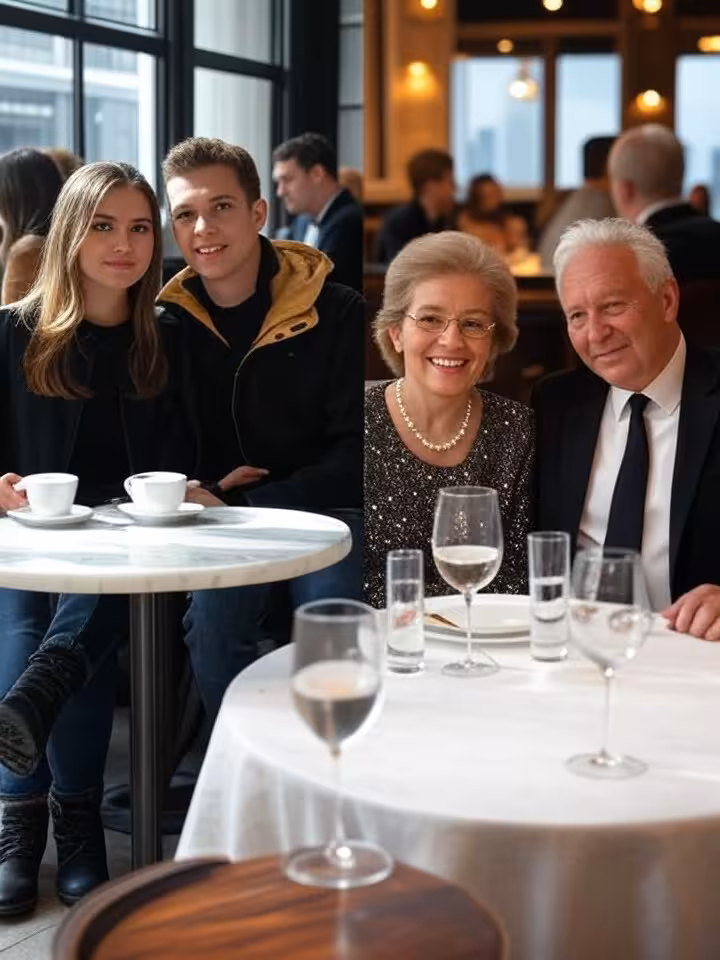 Split composition showing two contrasting dating scenarios: left side shows casual coffee date in tr