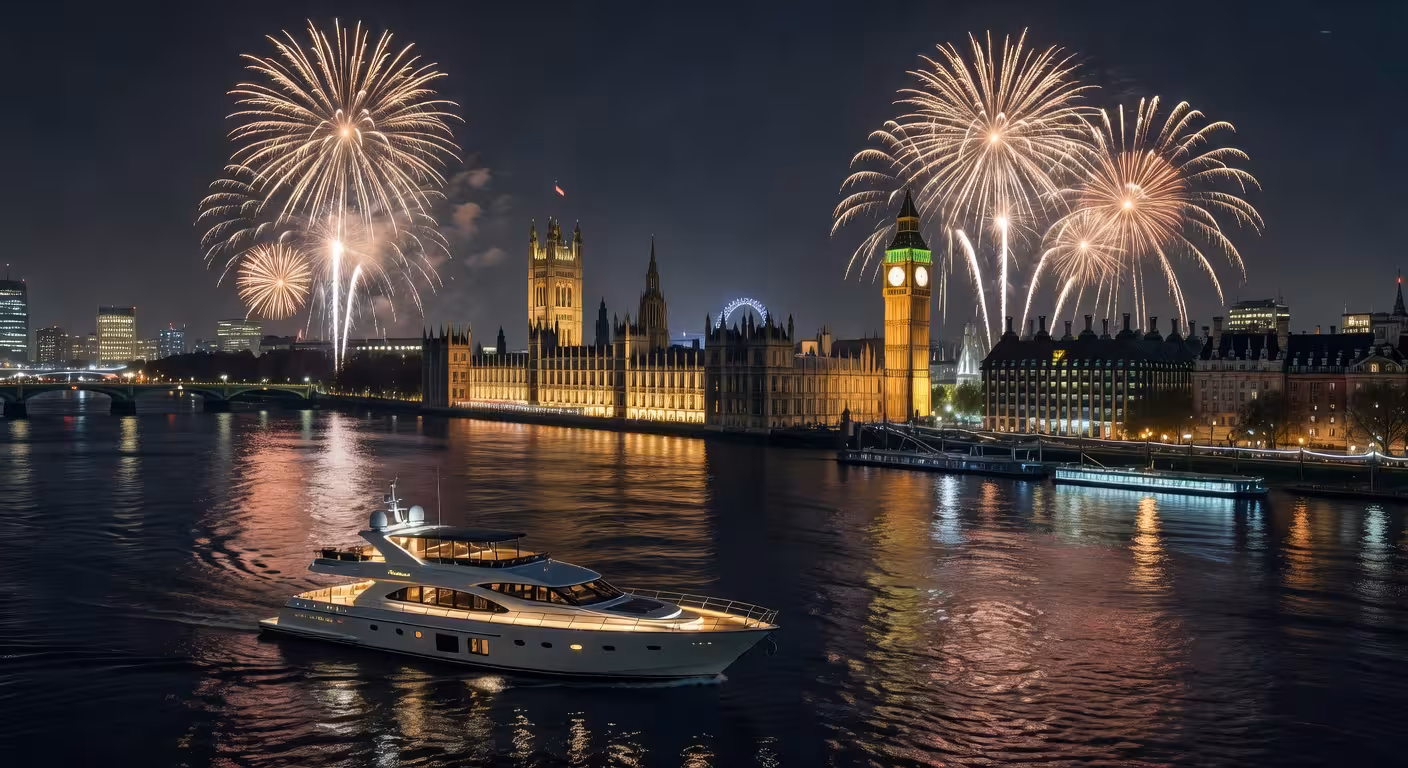 Elegant aerial view of London Thames river at night during New Year's Eve fireworks display, golden