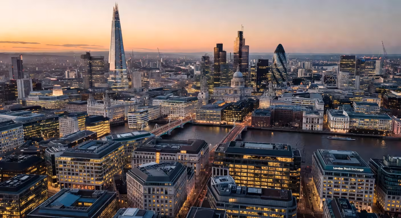 Aerial view of the City of London financial district at twilight, glass skyscrapers reflecting golde