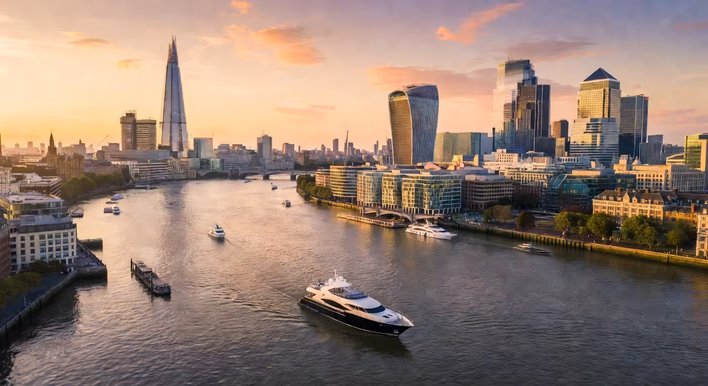 Aerial view of London skyline at golden hour, Thames river reflecting sunset, financial district sky