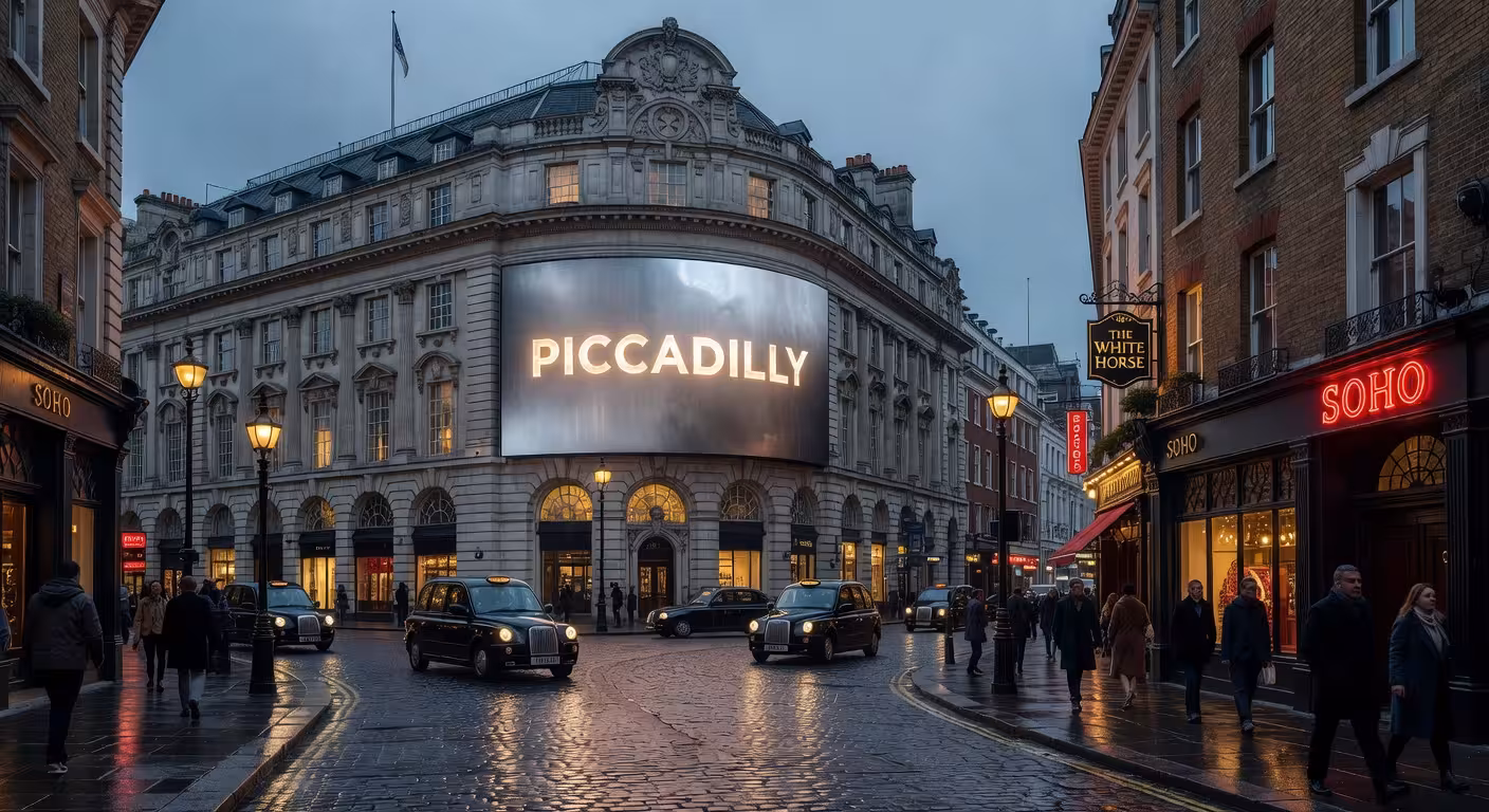 Elegant London evening cityscape with Piccadilly Circus lights and Soho streets, professional photog