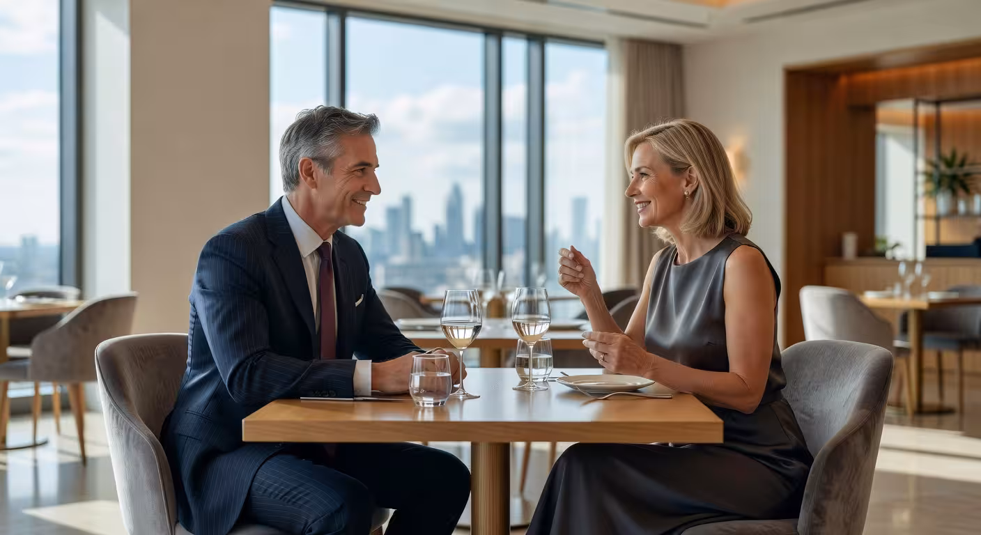 Elegant British couple having sophisticated conversation in upscale London restaurant, natural light