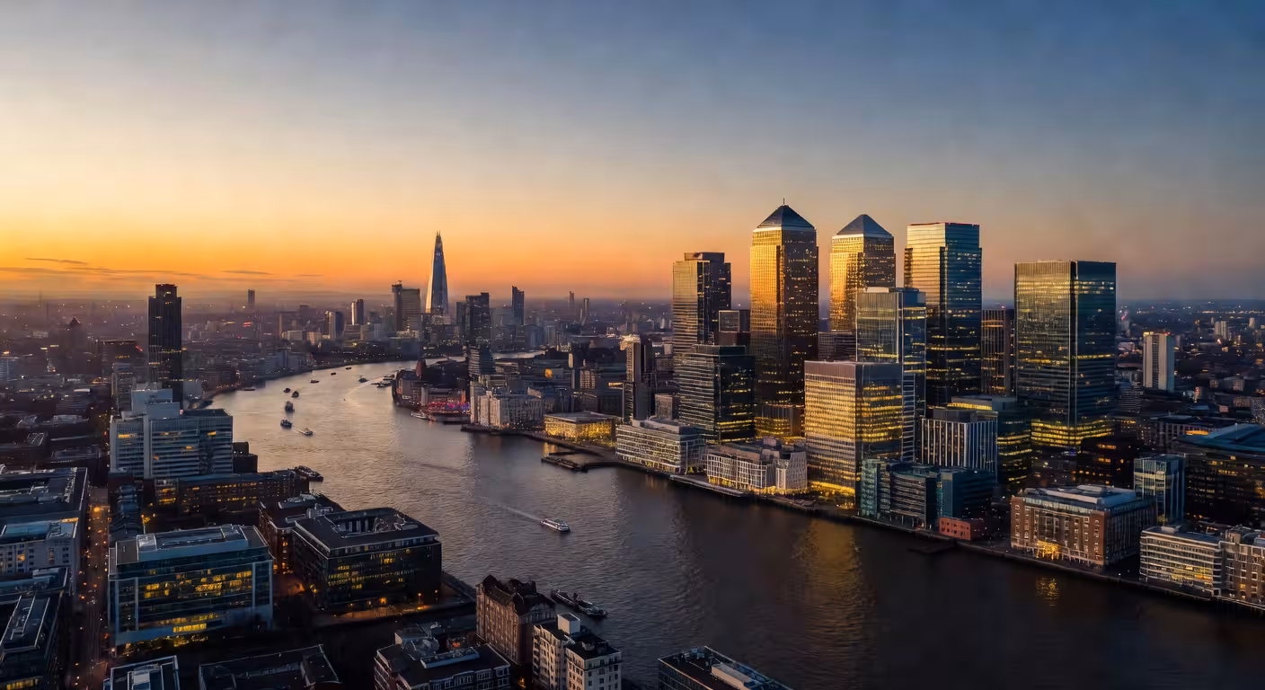 Sophisticated aerial view of London skyline at dusk, Canary Wharf glass towers illuminated, Thames r