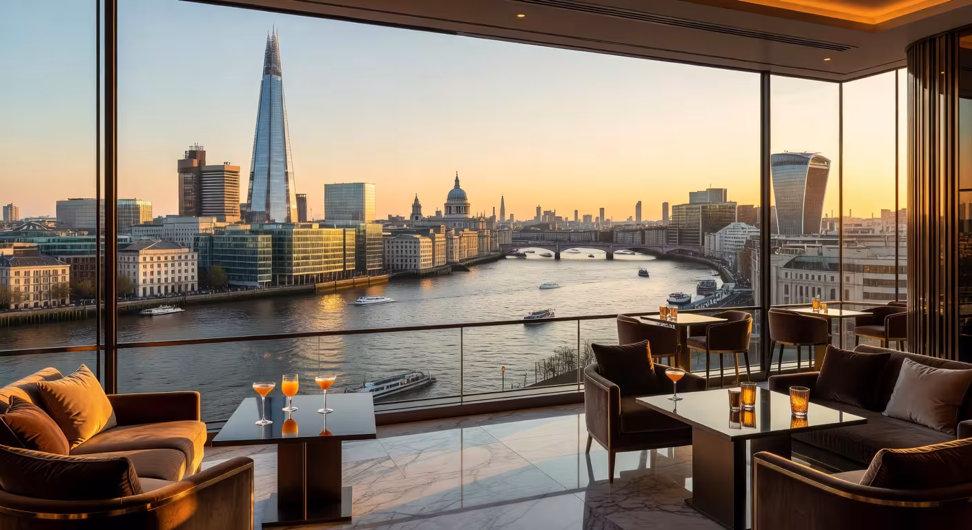 Panoramic view of London skyline at golden hour from a luxury rooftop bar, Thames river and financial district