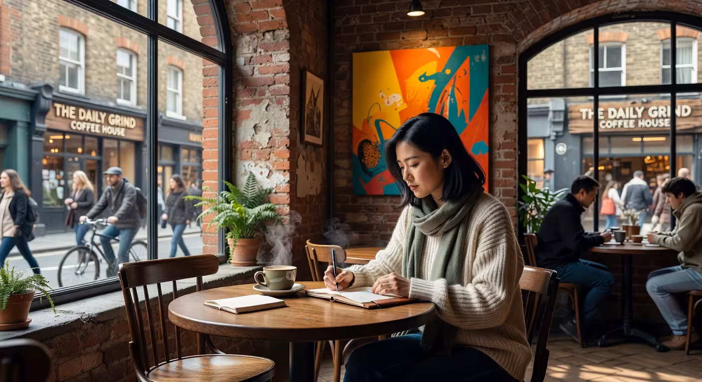Young professional woman sitting in a trendy London coffee shop writing in a journal, natural lighting