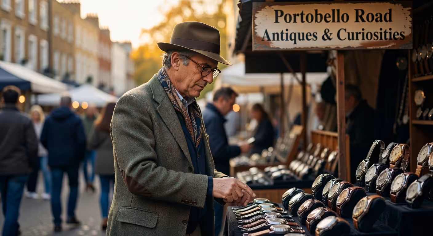 Sophisticated British gentleman in his 40s browsing vintage watches at an antique market stall in Portobello Road