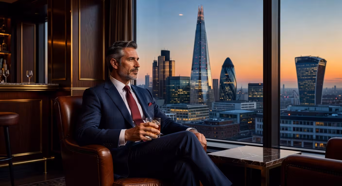 Sophisticated British gentleman in his late 40s wearing tailored navy suit, sitting in upscale London hotel lobby