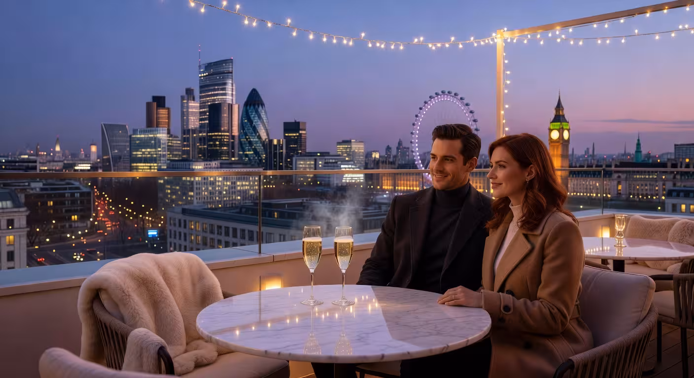 Sophisticated rooftop bar terrace in Kensington London overlooking city skyline at dusk, champagne g