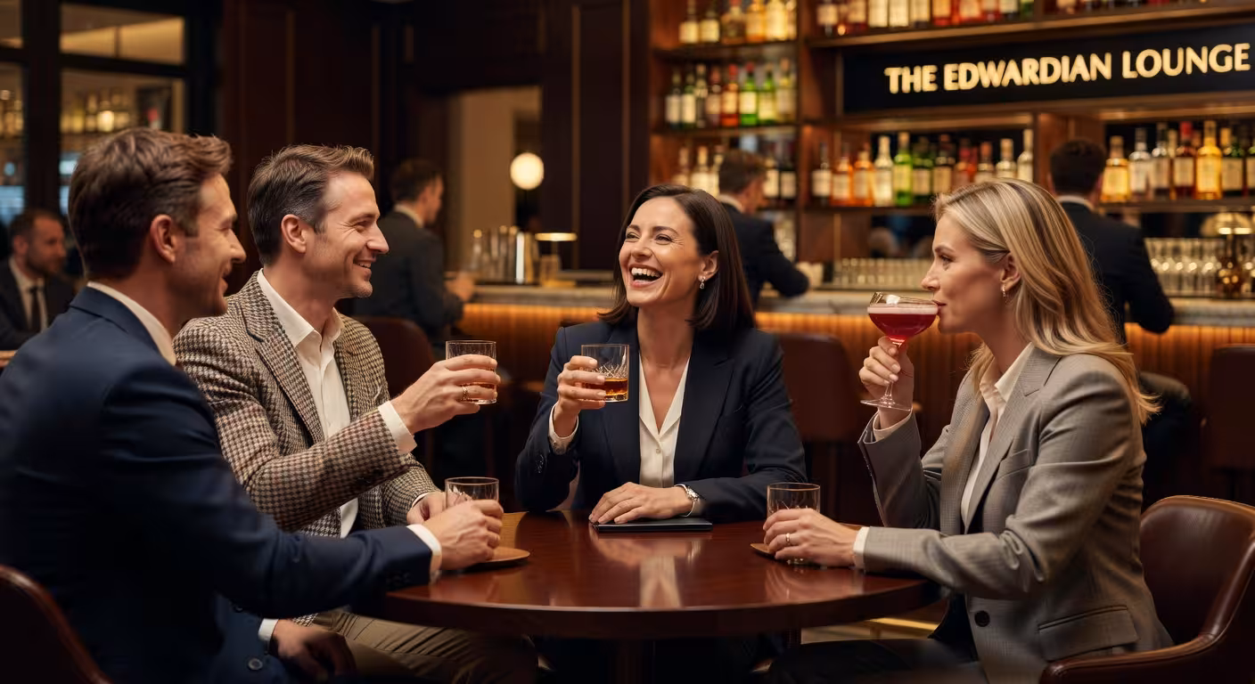 Sophisticated British professionals having cocktails at an upscale London bar, contemporary interior