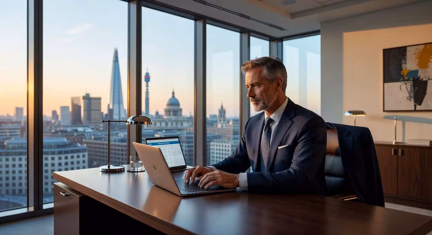 Professional businessman in elegant suit working on laptop at modern London office with city view th