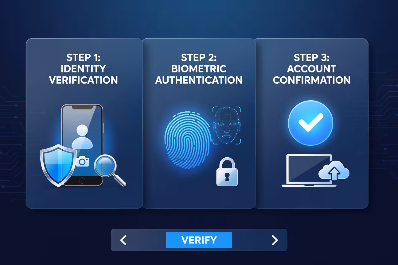 Multi-step digital verification process illustrated with modern interface elements, security icons,