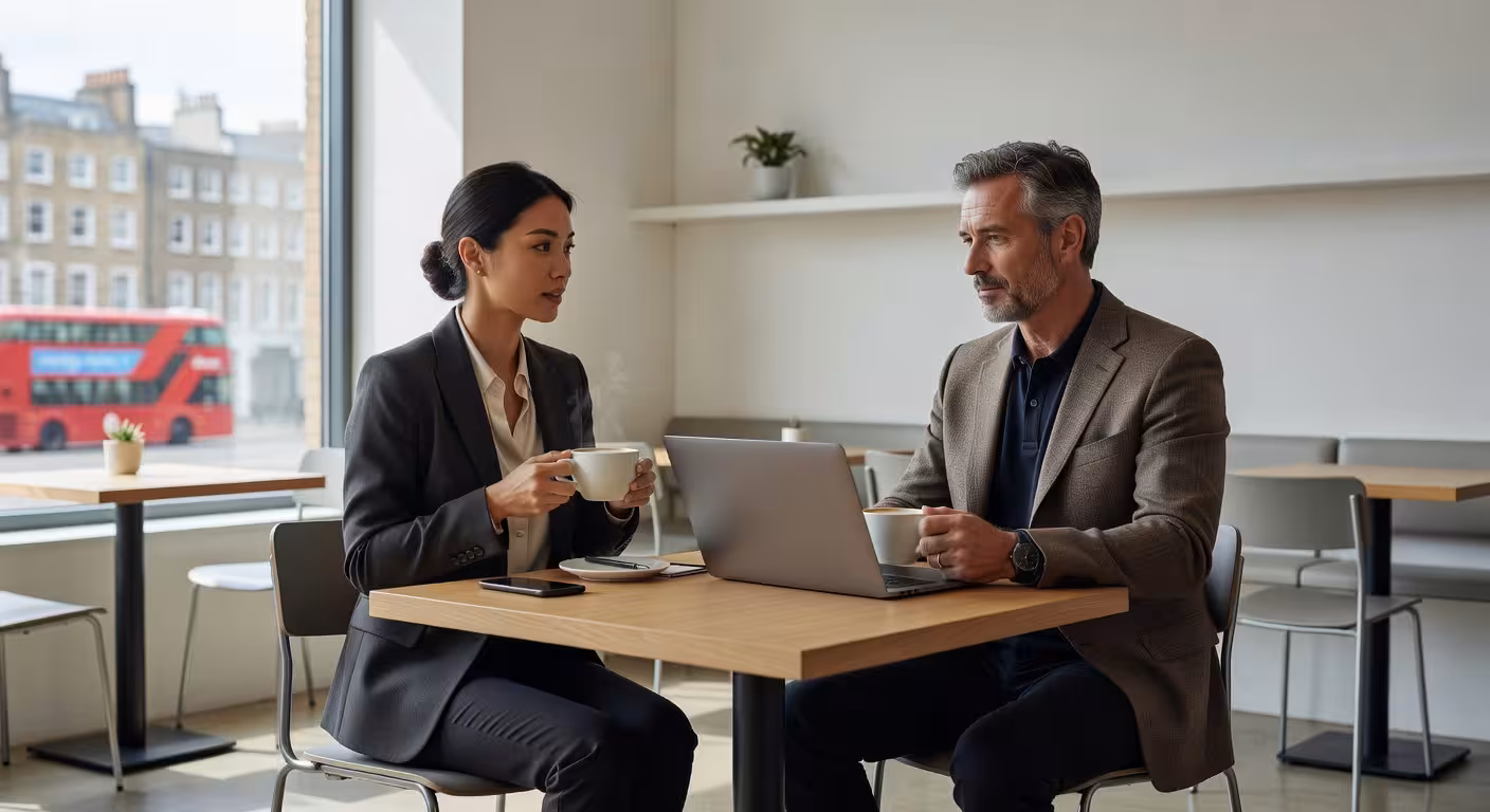 Young professional woman and distinguished gentleman discussing over coffee in trendy London café, m