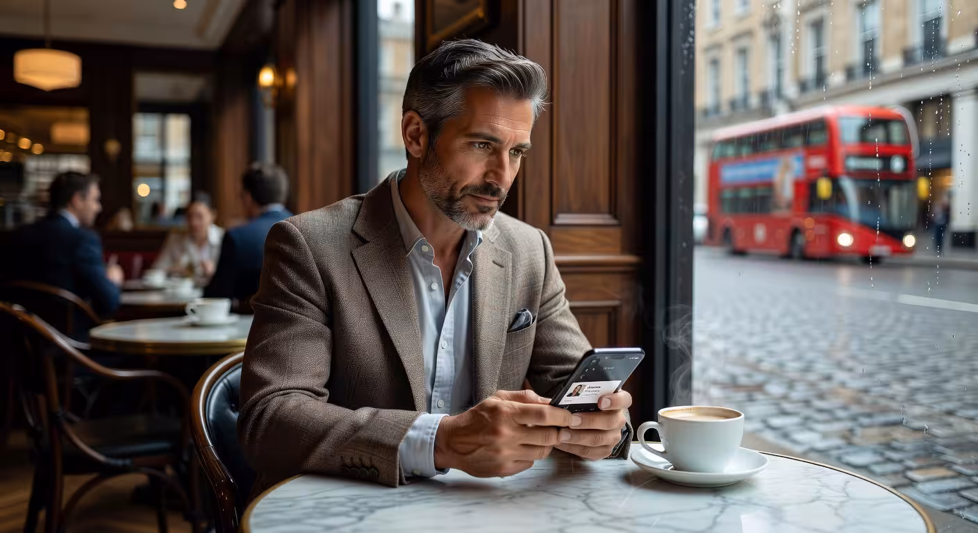 Well-dressed gentleman in his 40s reviewing smartphone profile in upscale London cafe, natural windo