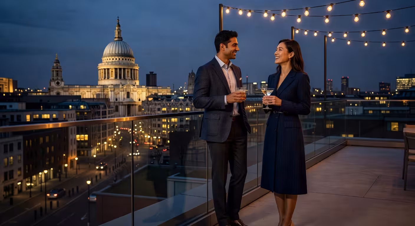 Elegant couple enjoying cocktails at a modern London rooftop terrace with St Paul's Cathedral illuminated in background