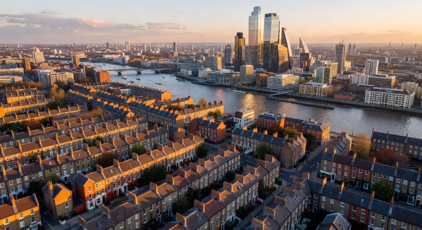 Aerial view of contrasting London neighbourhoods side by side, showing Victorian terraces transitioning to modern glass towers