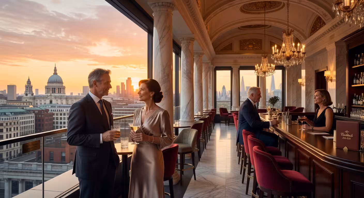 Elegant rooftop bar scene overlooking London skyline at sunset, The Ned banking hall interior, sophisticated atmosphere