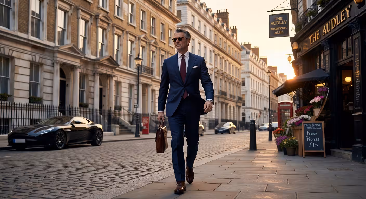 Stylish professional man in bespoke Savile Row suit walking through Mayfair district London, confident posture