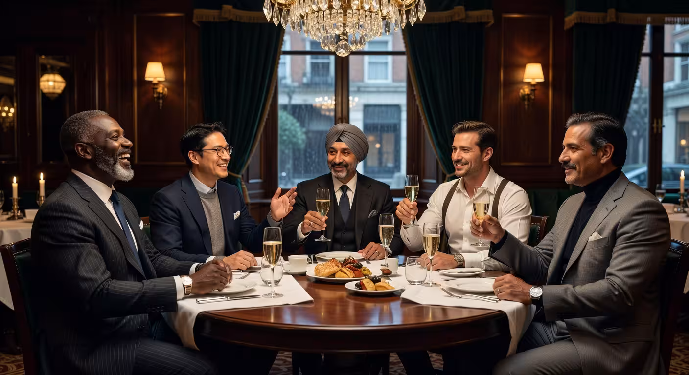 Diverse group of successful professional men aged 35-65 in elegant Mayfair restaurant setting, mix of ages and styles