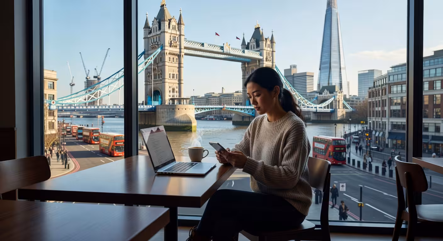 Young professional woman using smartphone at modern coffee shop, London cityscape through window