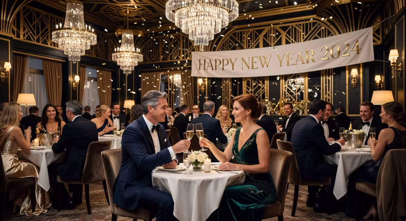 Luxurious fine dining restaurant interior in Mayfair London, elegant couple at intimate corner table