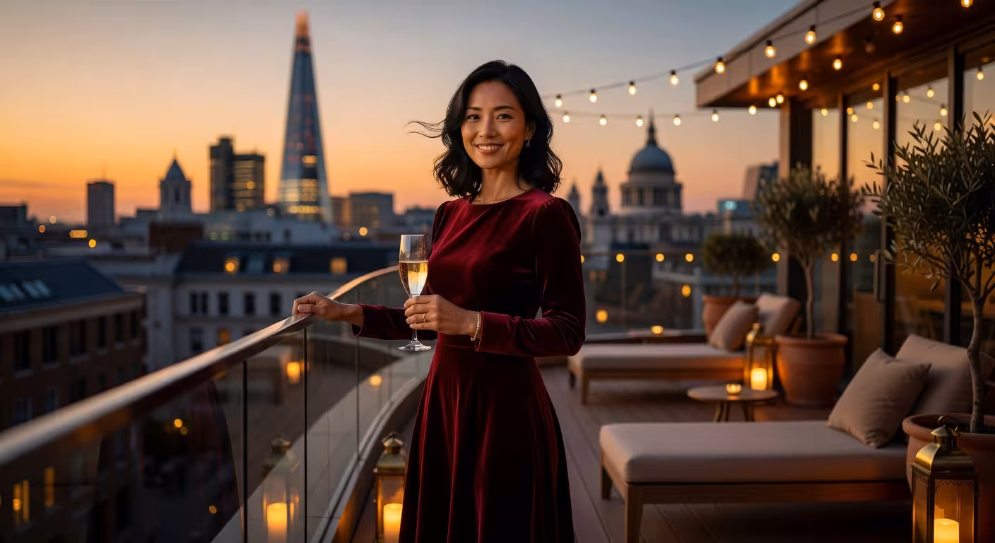 Young professional woman in elegant dress enjoying champagne at a luxury London rooftop terrace, cit