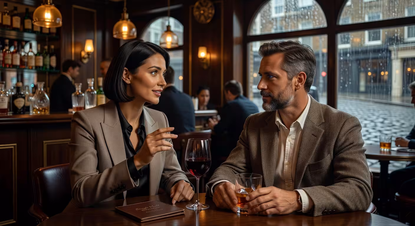Close-up of two people having intimate conversation at elegant London bar, soft bokeh background, wa