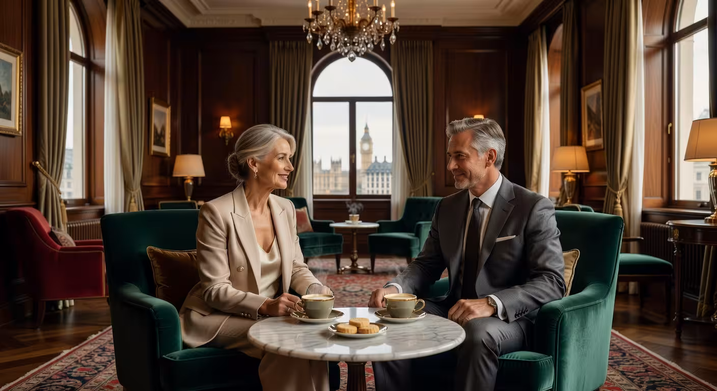 Elegant mature couple having intimate conversation over coffee in luxury London venue, sophisticated