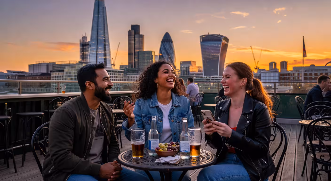 Woman laughing genuinely with friends at rooftop bar overlooking London skyline at sunset, The Shard visible