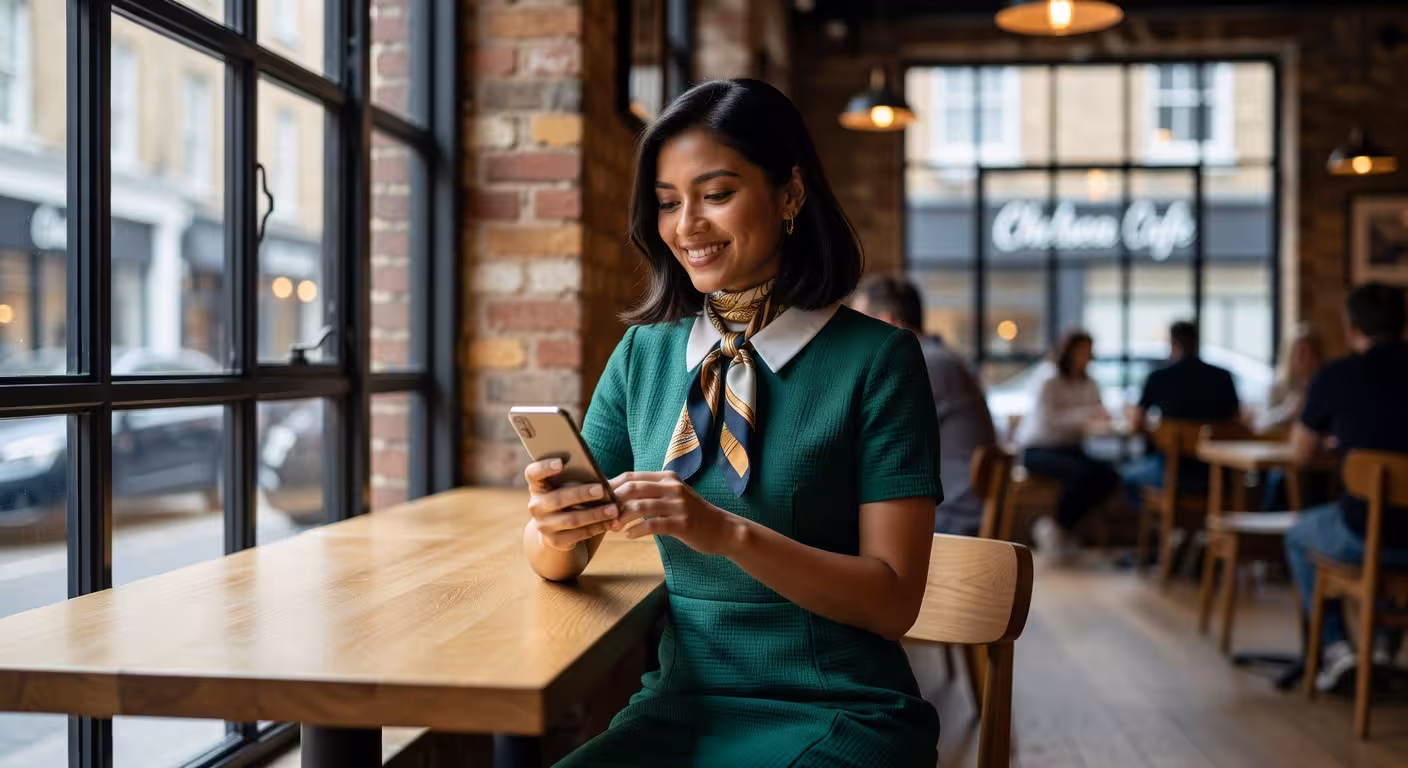 Young professional woman in elegant dress browsing smartphone in Chelsea neighborhood cafe, contemporary setting