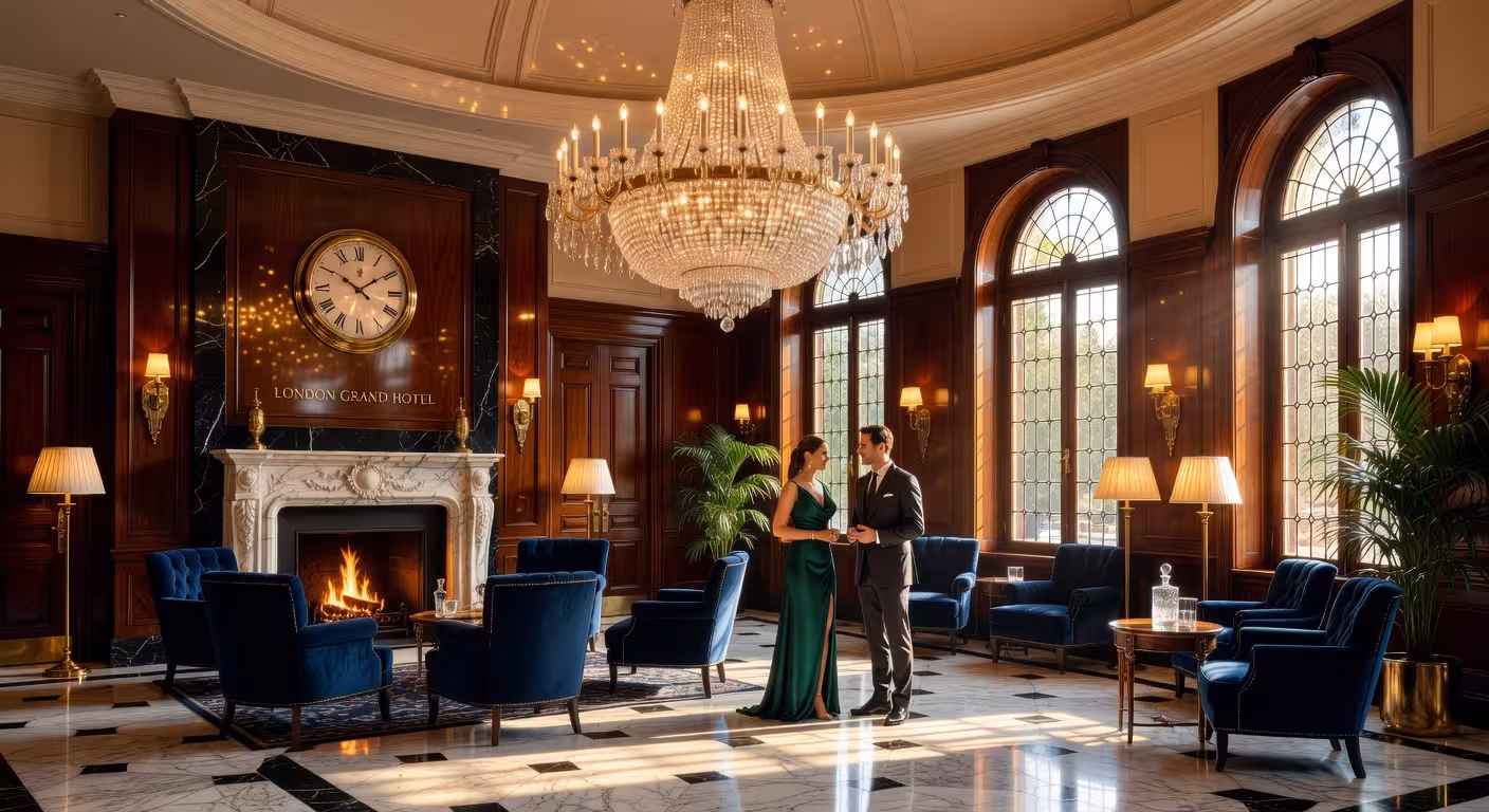 Luxury hotel lobby interior with chandelier, marble floors, sophisticated London architecture