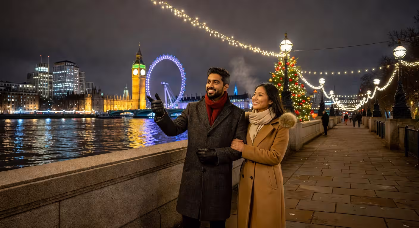 Stylish young couple walking along illuminated South Bank London at night, Thames Path with city lig