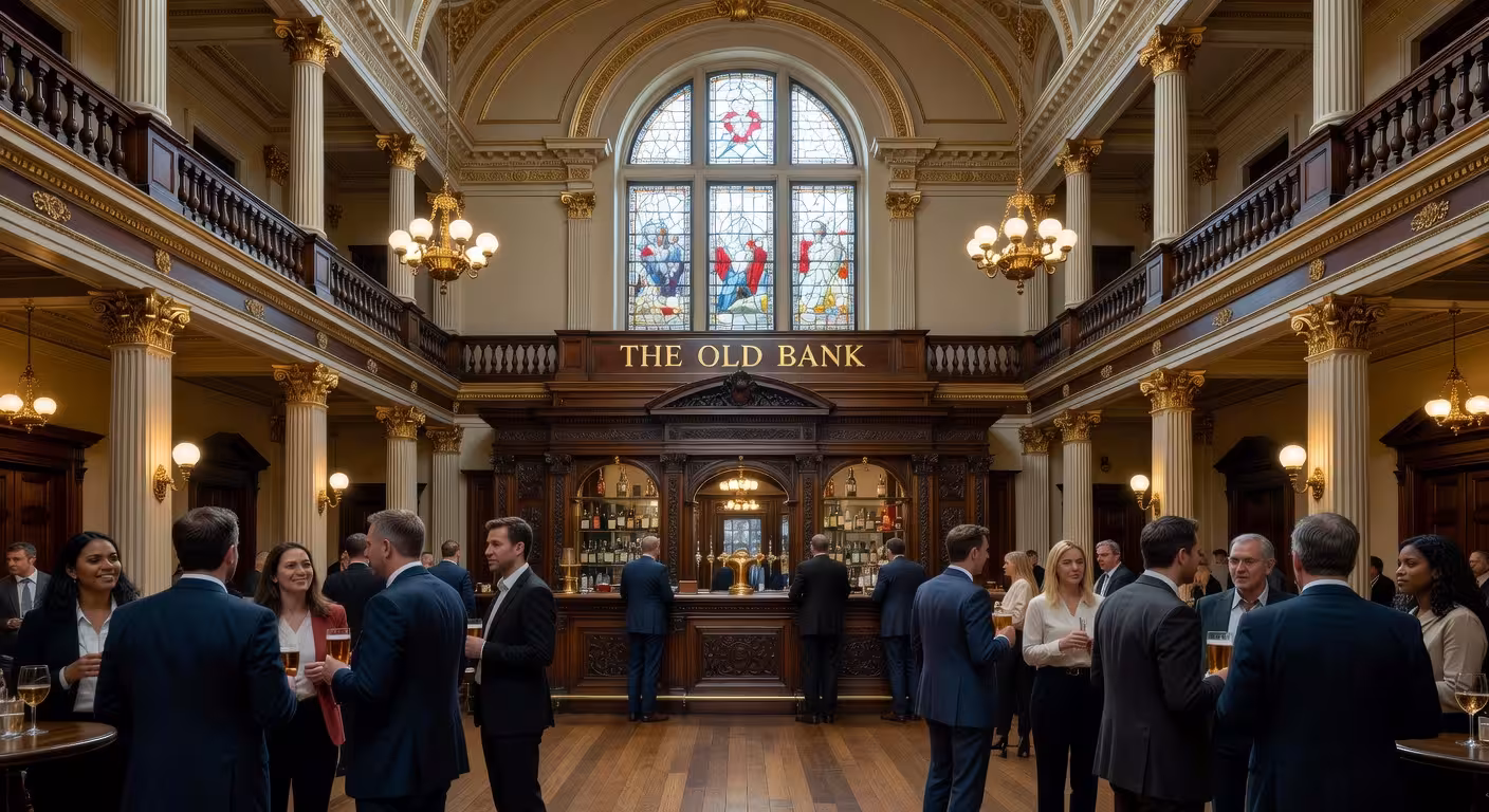 Interior of a historic converted bank building in London's financial district, ornate Victorian arch