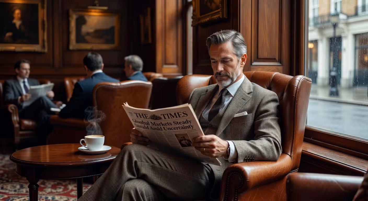 Sophisticated gentleman having coffee at exclusive London members club, leather chairs, traditional