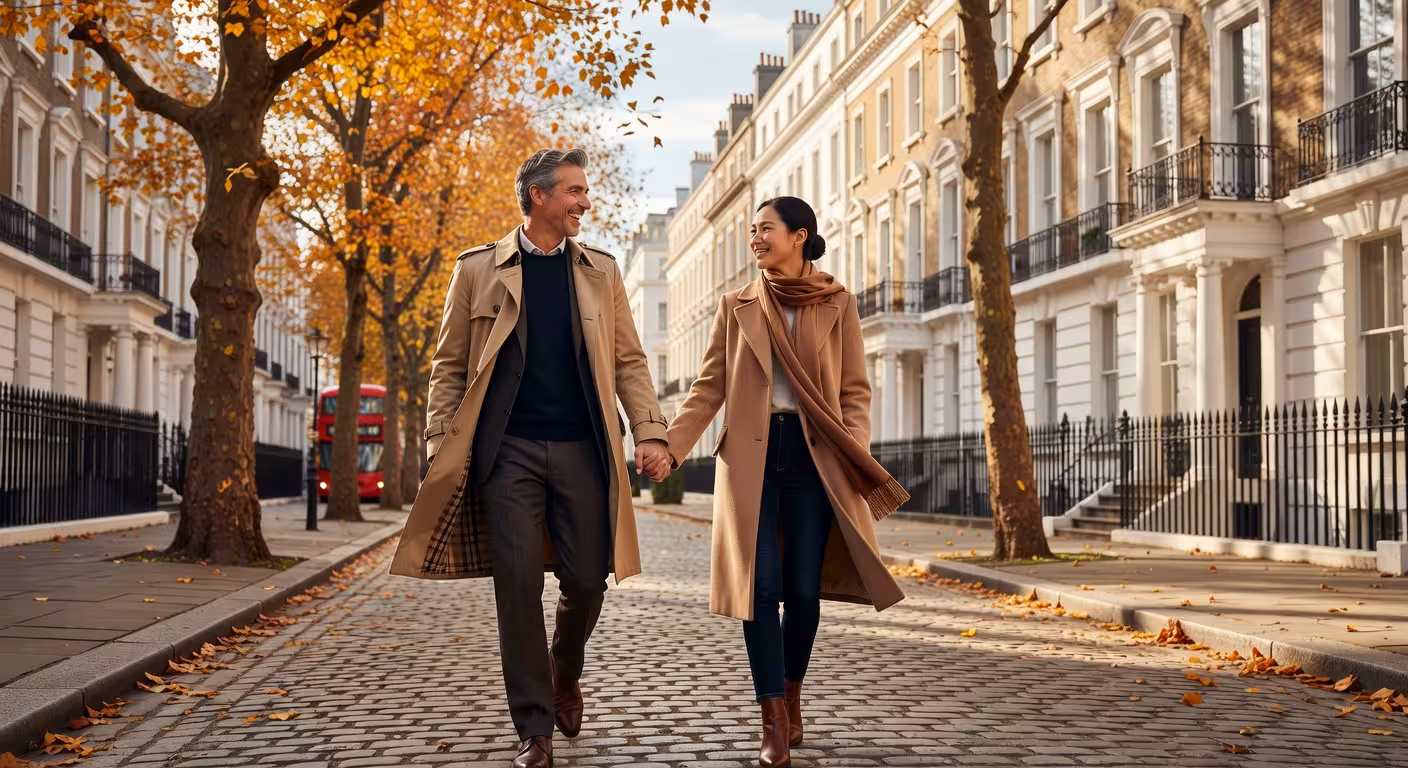 Sophisticated couple walking through iconic London street, Mayfair or Chelsea neighbourhood, autumn
