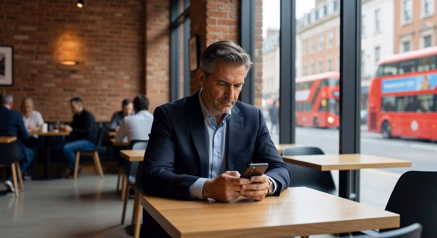 Disappointed businessman looking at phone in modern London cafe, learning moment expression, contemp