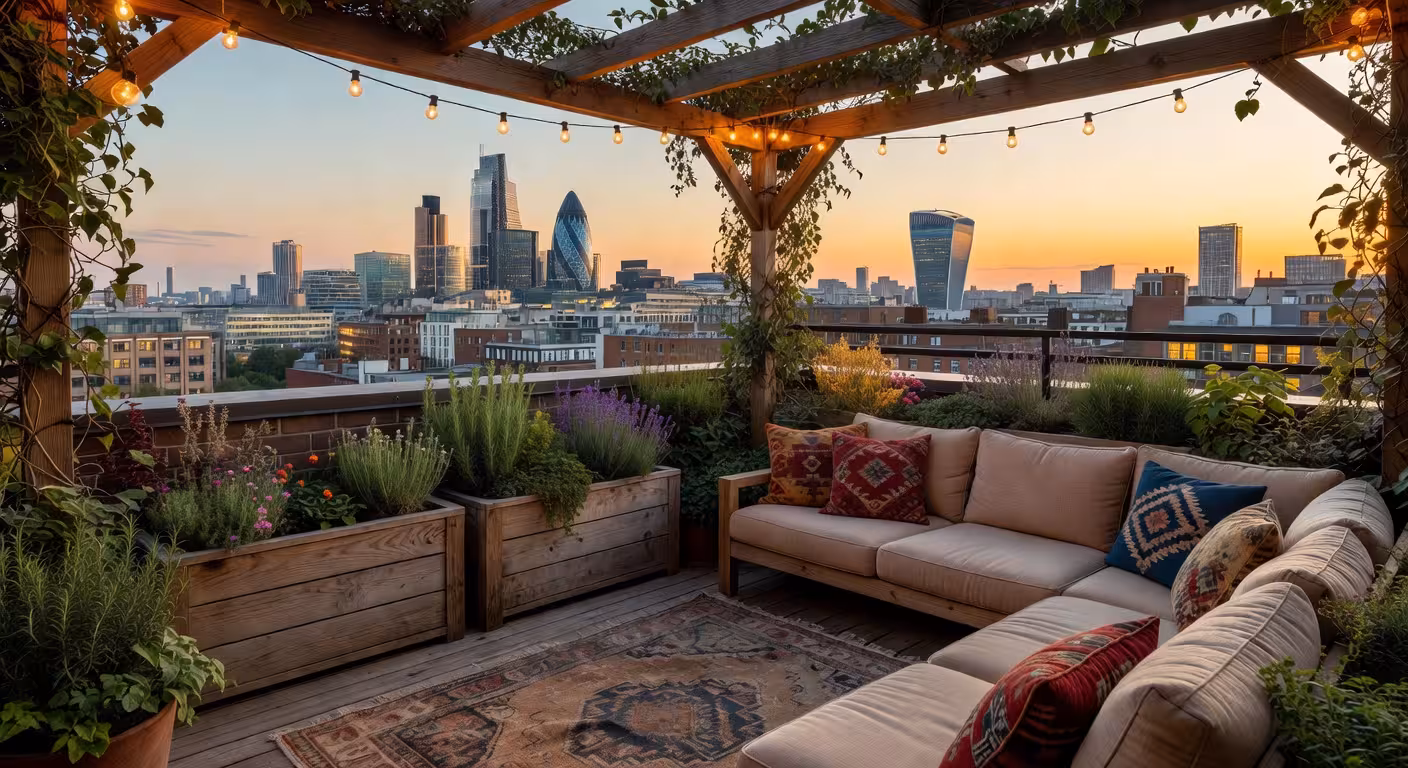 Cozy rooftop garden terrace in Shoreditch with fairy lights and herb planters, intimate seating area