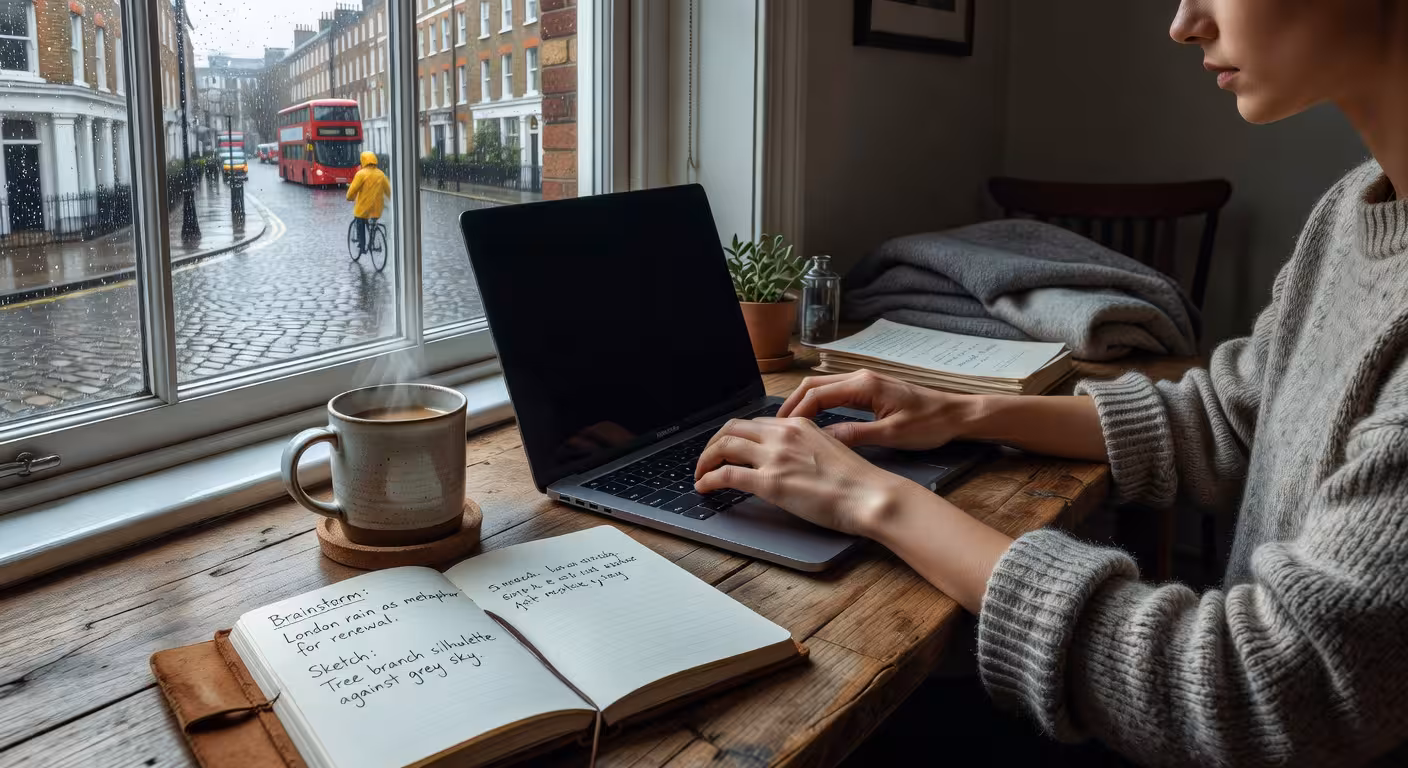 Close-up of hands typing on laptop in cosy London flat, coffee cup beside, soft natural window light